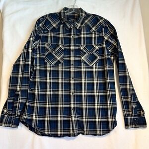 American Eagle Mens Large Pearl Snap Western Shirt Vintage Fit Blues White Plaid